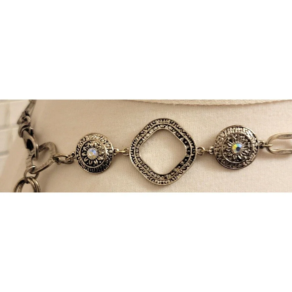 Ruby Rd. Chain Statement Belt Women’s AB Rhinestone Flowers Silver Tone Vintage